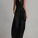 Women's Jet Black Structured Jumpsuit With Wide-Leg Pants & Side Pockets, Modern Bold-Elegant Style Jumpsuit