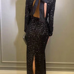 Looking To Party Sequin Padded Shoulder Backless Bow Design Maxi Dress