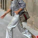V-shaped sequined embellished pullover sweatshirt top
