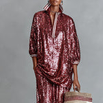Women's Burgundy Glamorous Sequin Striped - Trimmed Oversized Loungewear Set