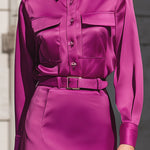 Magenta Satin Shirt Midi Dress With Belted Waist