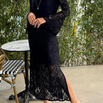 Luxe Lifestyle Lace Square Neck Bell Sleeve Lined Slit Midi Dress