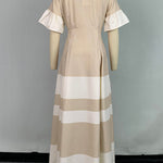 A-Line Flared Sleeves Contrast Color Pleated V-Neck Maxi Dresses