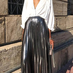 Fashionable Metallic Pleated Back Elastic Waist Maxi Skirt
