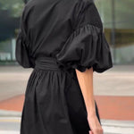 Half Sleeves Loose Buttoned Pleated Solid Color Tied Waist Stand Collar Maxi Dresses