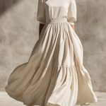 Women's Elegant, Natural-colored Cotton And Linen Blend Round-neck, Short-sleeved, Loose-fitting Long Dress