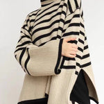 Long Sleeves Loose Contrast Color Split-Joint Split-Side Striped High Neck Sweater Tops