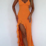 V Neck Slim Fit Ruffled High Slit Maxi Tank Dresses
