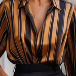 Long Sleeves Loose Contrast Color Striped Lapel Blouses&Shirts Tops