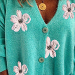 Ladies Long Sleeve Cardigan Embroidered V-Neck Knit Sweater