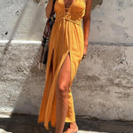 Linen Blend Elastic Waist Halter Backless Pocket Slit Midi Dress