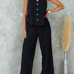 Side Split Button Up Sleeveless Top and Wide Leg Pants Set