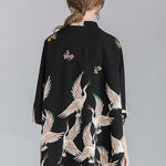 Original Crane Printed Buttoned Stand Collar Half Sleeves Blouse