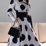 A-Line Long Sleeves Pockets Polka-Dot Tied Waist Notched Collar Maxi Dresses