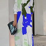 Loose Wrap Buttoned Contrast Color Pockets Printed Split-Side Shirt Dress