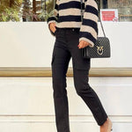 Black and white wide striped high-neck loose knit sweater