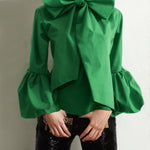 Loose Puff Sleeves Bowknot Solid Color Split-Joint Stand Collar Blouses&Shirts Tops