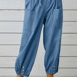 Loose casual button down cropped cotton linen trousers wide leg