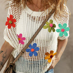 Hollowed Crochet Colorful Flower Loose Knit T Shirt