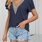 Gold Lace V Neck Tile Short Sleeve Solid Color T-Shirt Top
