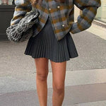 Check Puff Sleeve Woolen Coat
