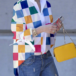 Long Sleeves Loose Buttoned Contrast Color Plaid Tied Stand Collar Blouses&Shirts Tops