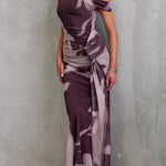 Asymmetrical Shoulder Draped Front Printed Maxi Dress