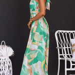 Halter Neck Open Back Waisted Printed Maxi Dress
