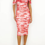 Off Shoulder Ruched Floral Midi Bodycon Dress