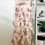 Strapless Floral Print Ruffle Layered Maxi Dress