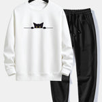 Black Cat Print Relax Fit Sweatshirt & Jogging Pants