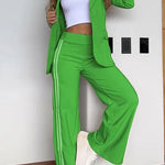 Margovil Color Block Open Front Blazer Elastic Waist Slit Wide Leg Pants Set