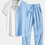Two Tone Muscle Fit Ribbed Stand Collar Shirt & Straight Leg Ribbed Pants