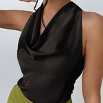 Margovil Cowl Neck Sleeveless Bow Back Satin Top
