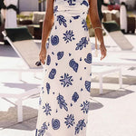 Bow Shoulder Sleeveless Seashell Print Maxi Dress