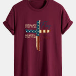 Regular Fit Retro American Flag Cross Print Cotton T-Shirt