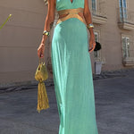 Tie Bow Backless Cut Out Color Block Maxi Dress