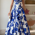 Strapless Ruched Bodice Full Skirt Floral Print Maxi Dress