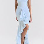 Margovil Spaghetti Strap Frill Trim Draped Slit Maxi Dress