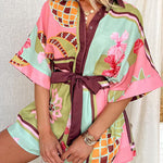 Lapel Button Up Tie Waist Floral Print Romper
