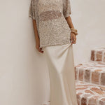 Crewneck Half Sleeves Crochet Hollow Out Sequin Top