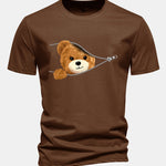 Regular Fit Zipper Bear Print Cotton T-Shirt