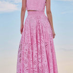 Margovil Lace Hollow Out Crewneck Crop Tank Top High Waist Maxi Swing Skirt Set