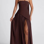 Margovil Strapless Back Lace-up High Slit Splice Maxi Dress