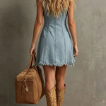 V Neck Sleeveless Frayed Hem A-line Denim Mini Dress