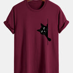 Regular Fit Black Cat Print Cotton T-Shirt