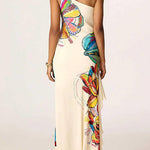 One Shoulder Sleeveless Floral Print Ruffle Slit Maxi Dress