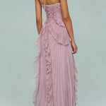 Margovil Strappy Halter Neck Ruffle Trim Asymmetric Hem Pleated Maxi Dress