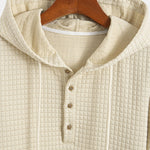 Long Sleeve Waffle Half Button Placket Arc Hem Hooded T-shirt