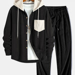 Long Sleeved Contrast Corduroy Hooded Shirt & Straight Leg Corduroy Pants